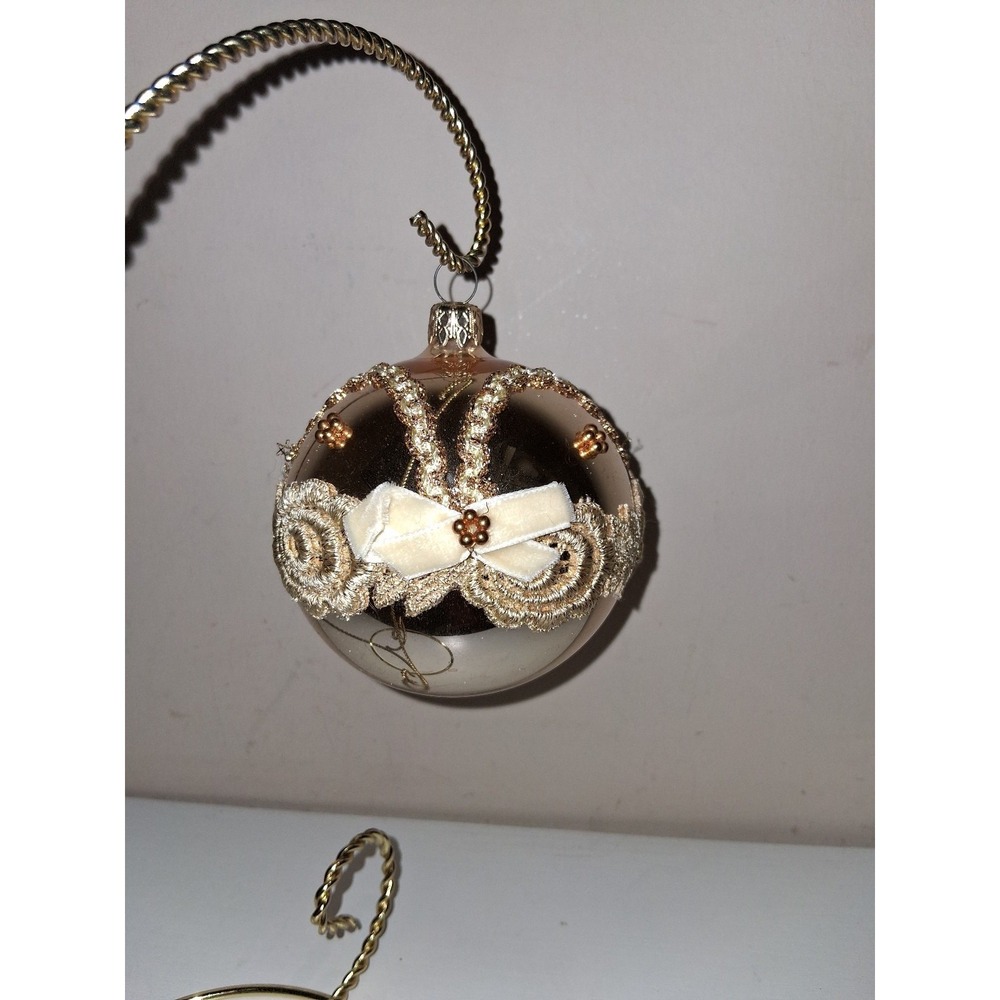 Vintage West Germany Glass Christmas Ornament 4" Gold Lace Velvet Bow
